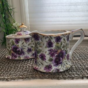 Vintage Purple Pansy Floral Porcelain Creamer and Sugar Set